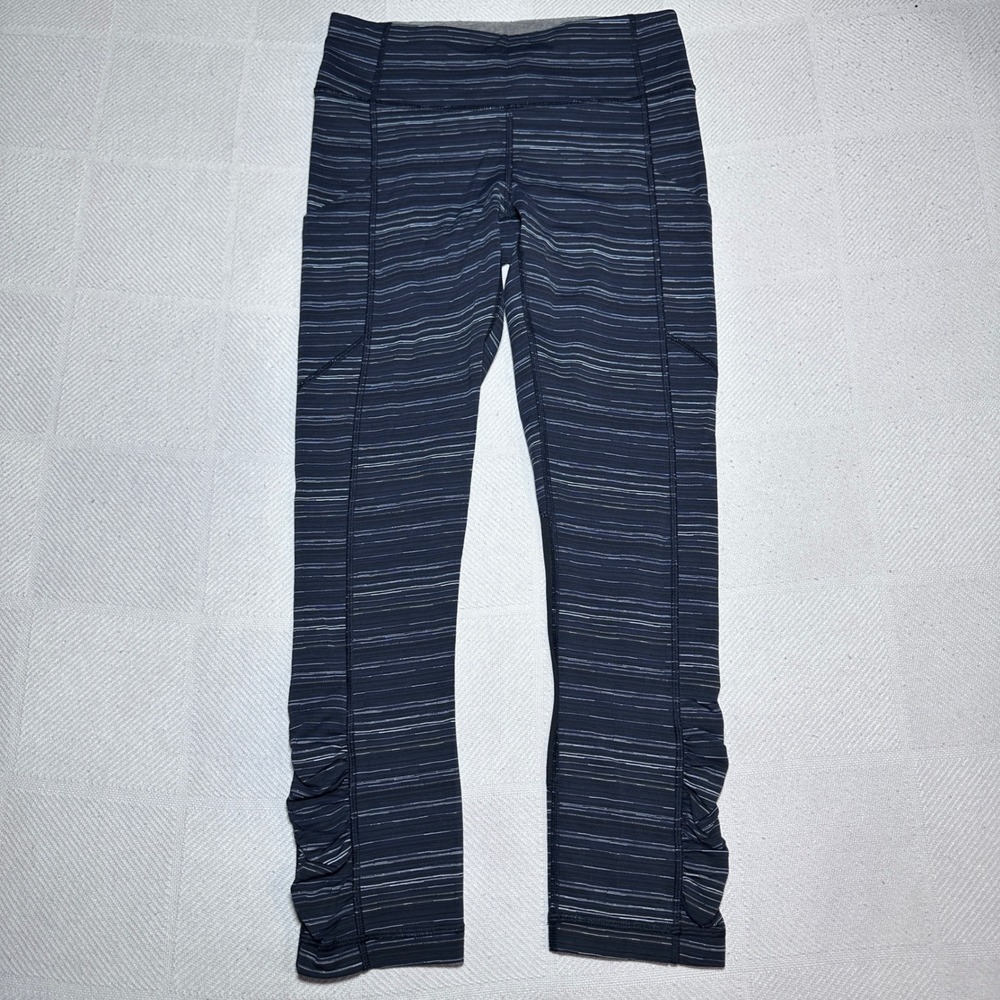Lululemon Pace Rival Crop‎ Leggings Womens 4 Cyber Stripe Pockets Ruched Vented